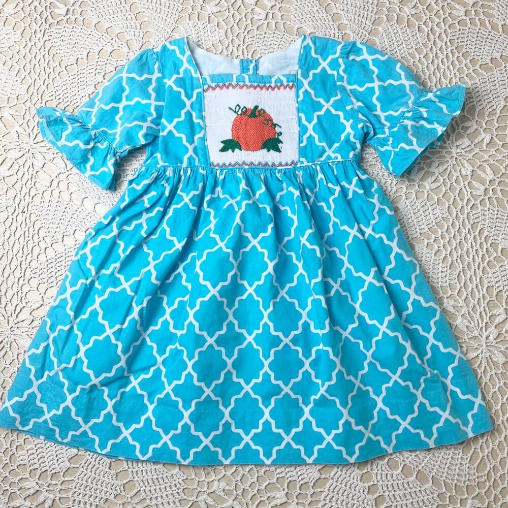 Smocked or Not Girls 4 Years Blue Fall Pumpkin Flounce Sleeve Dress